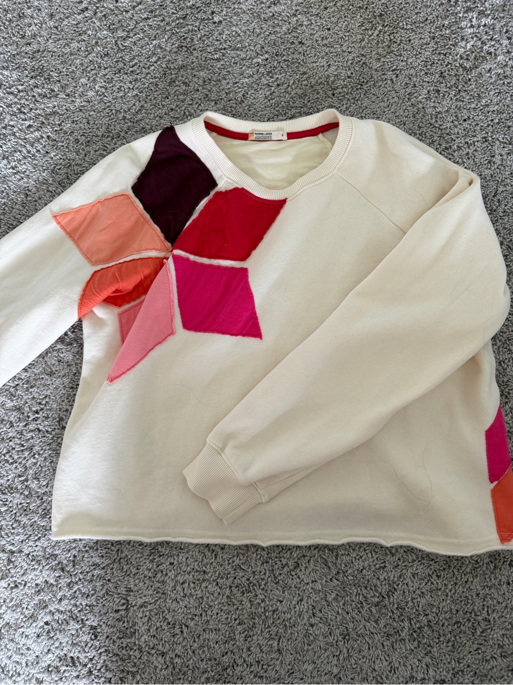 Women's Marine Layer Cream Sweatshirt with Pink Tone Flower/Starburst Patchwork